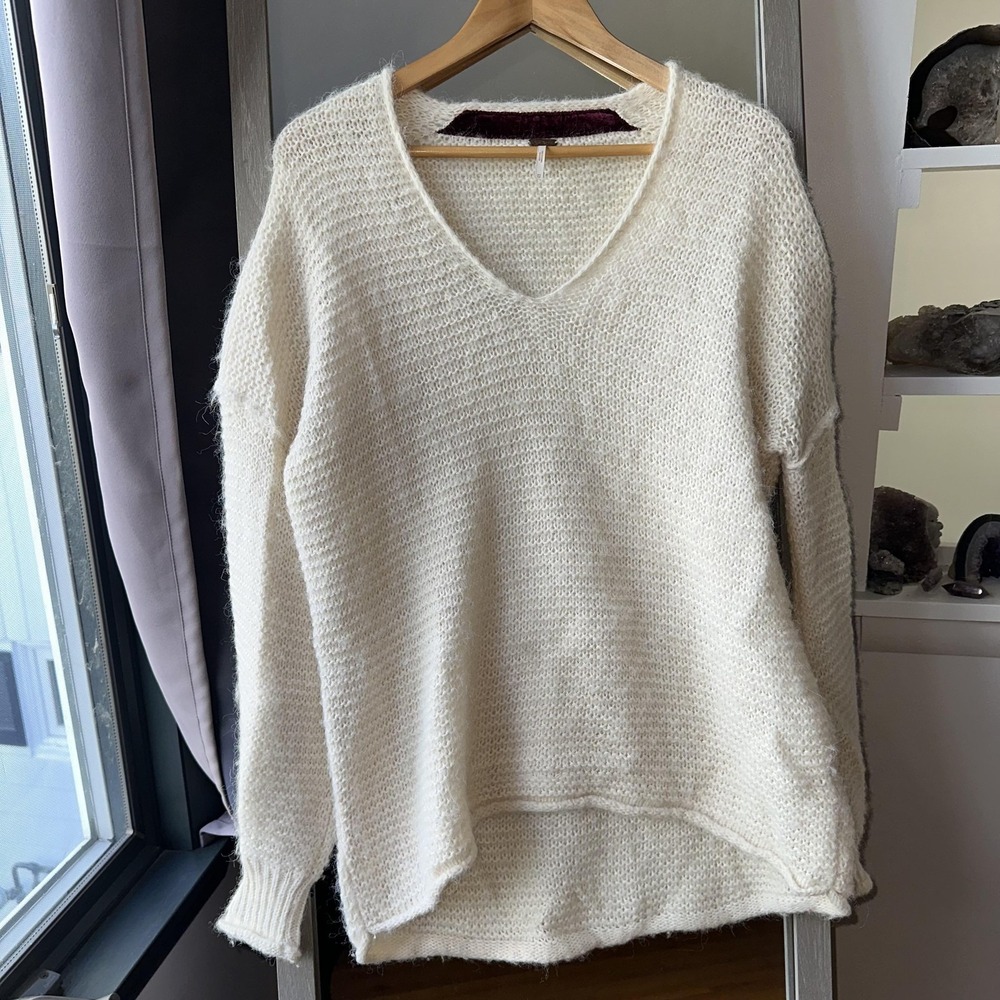 Free People Sweater Womens XS Ivory Alpaca Blend V Neck Textured Open Knit Cozy